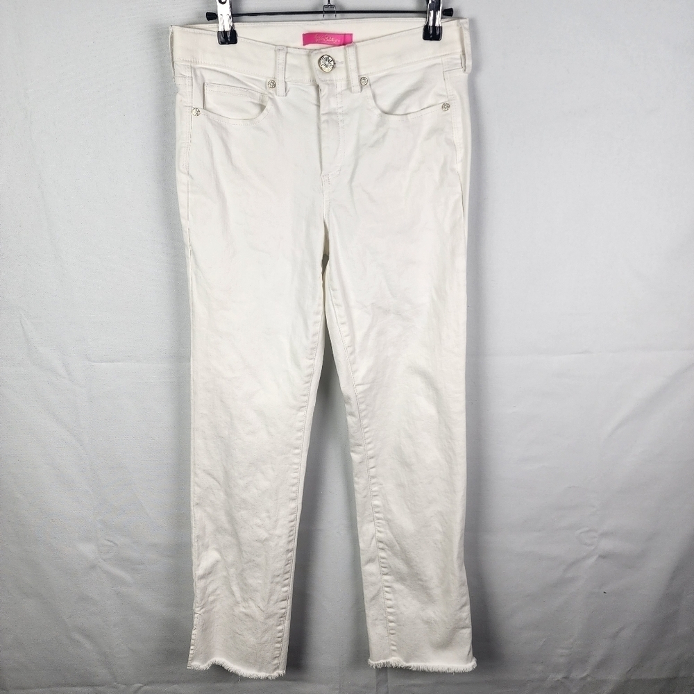 Lilly Pulitzer Womens White Straight Leg Frayed Hem Denim Jeans Size 2